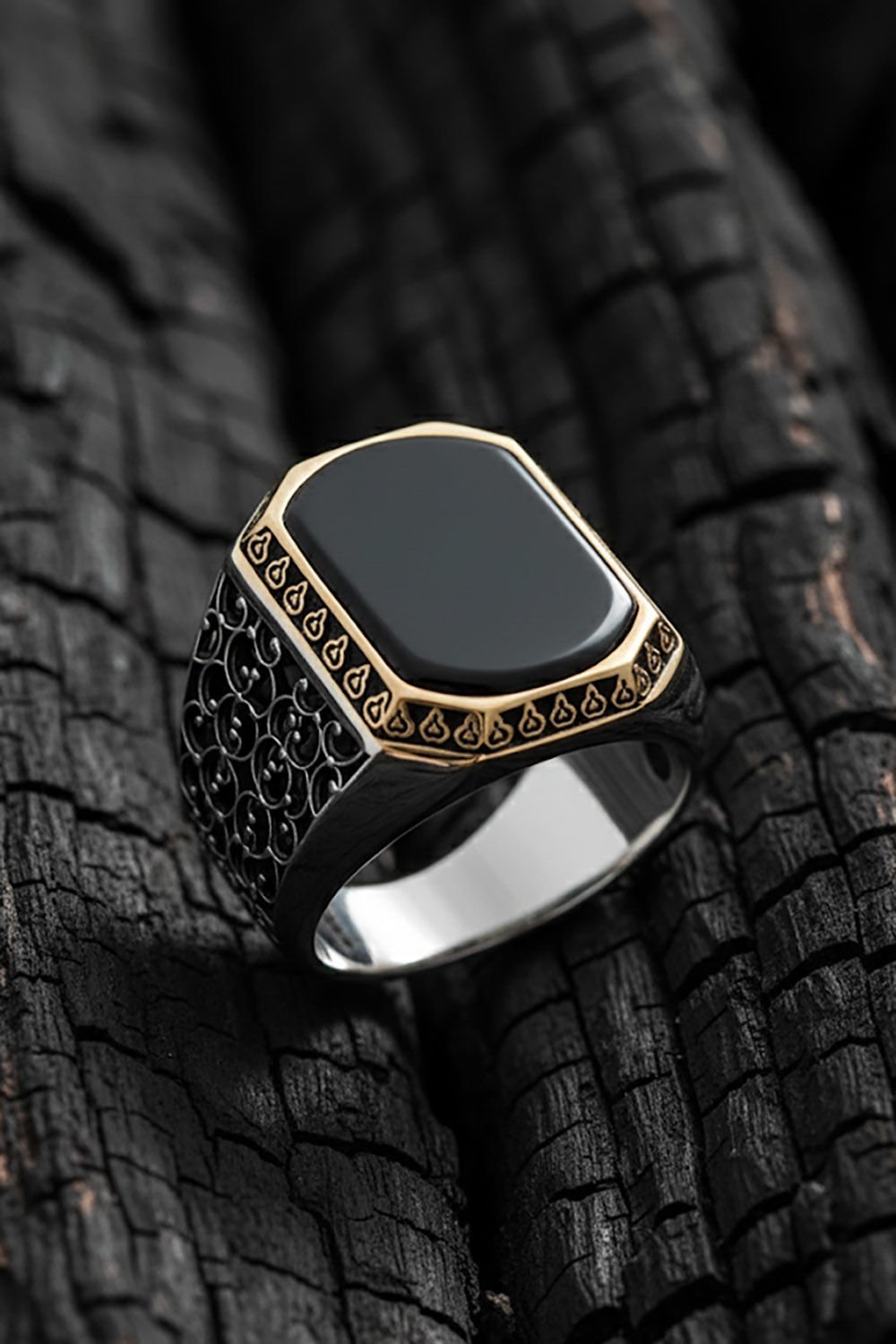Sarmaşık Model Oniks Taşlı Gümüş Erkek Yüzük