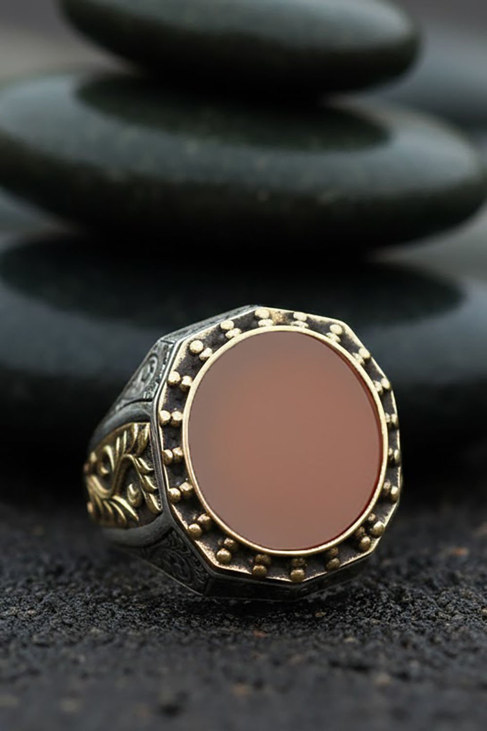 Akik Taşlı Gravür Sarmaşık Model Gümüş Yüzük