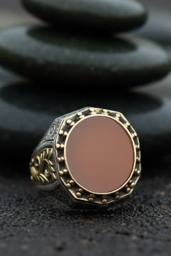 Akik Taşlı Gravür Sarmaşık Model Gümüş Yüzük