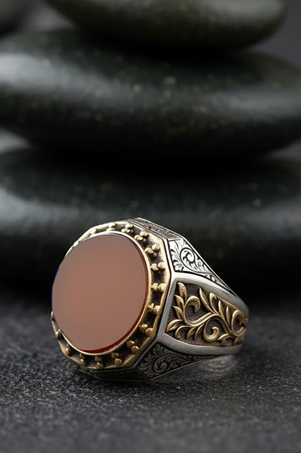 Akik Taşlı Gravür Sarmaşık Model Gümüş Yüzük