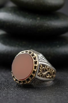 Akik Taşlı Gravür Sarmaşık Model Gümüş Yüzük