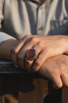 Akik Taşlı Gravür Sarmaşık Model Gümüş Yüzük