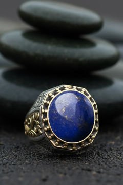 Lapis Taşlı Gravür Sarmaşık Model Gümüş Yüzük