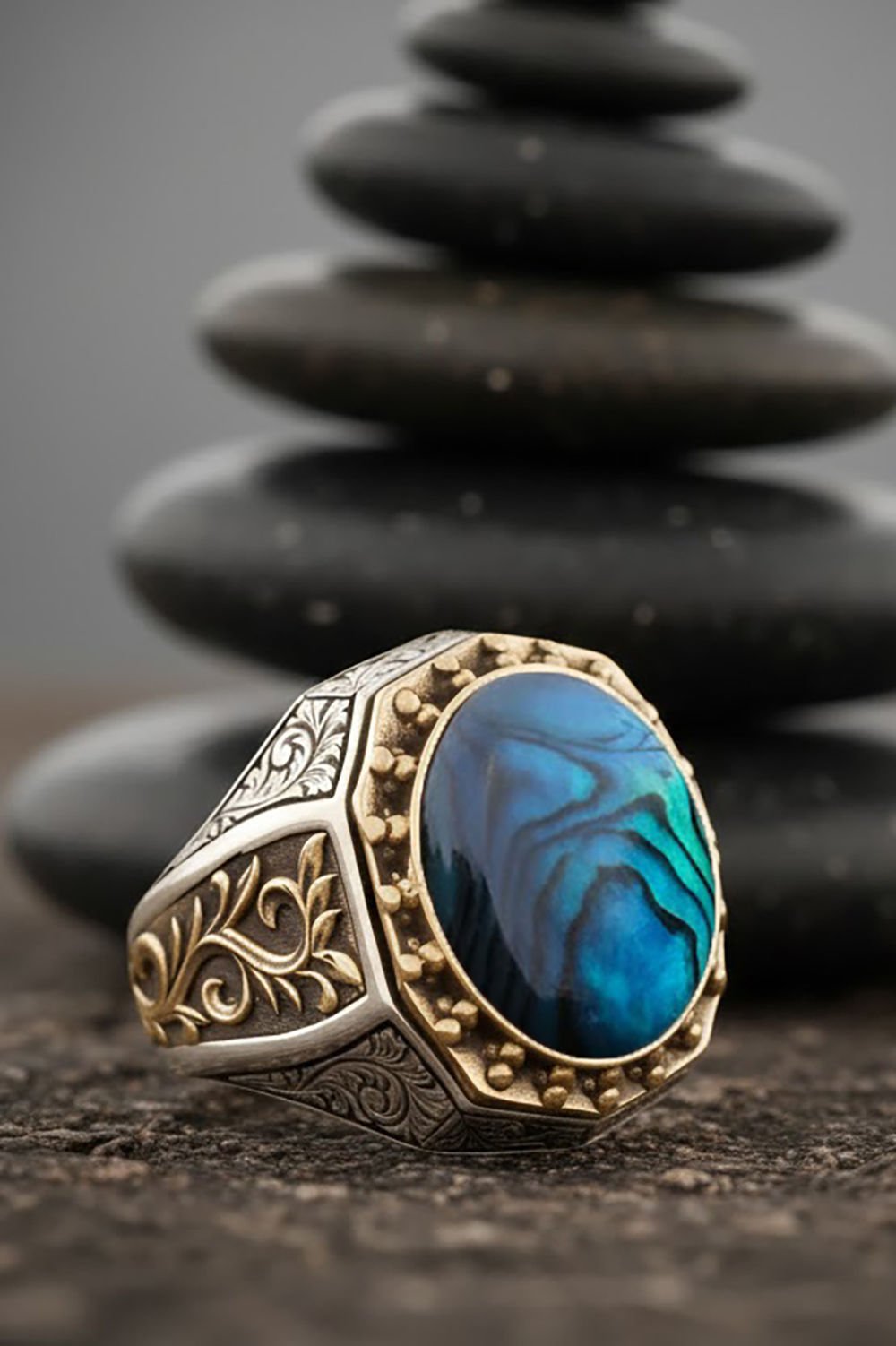 Okyanus Sedefi Taşlı Gravür Sarmaşık Model Yüzük