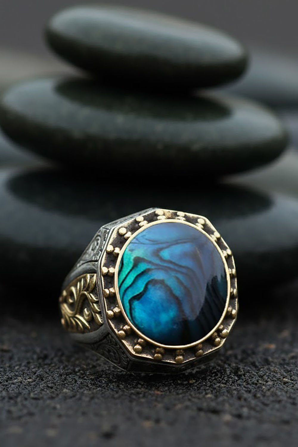 Okyanus Sedefi Taşlı Gravür Sarmaşık Model Yüzük