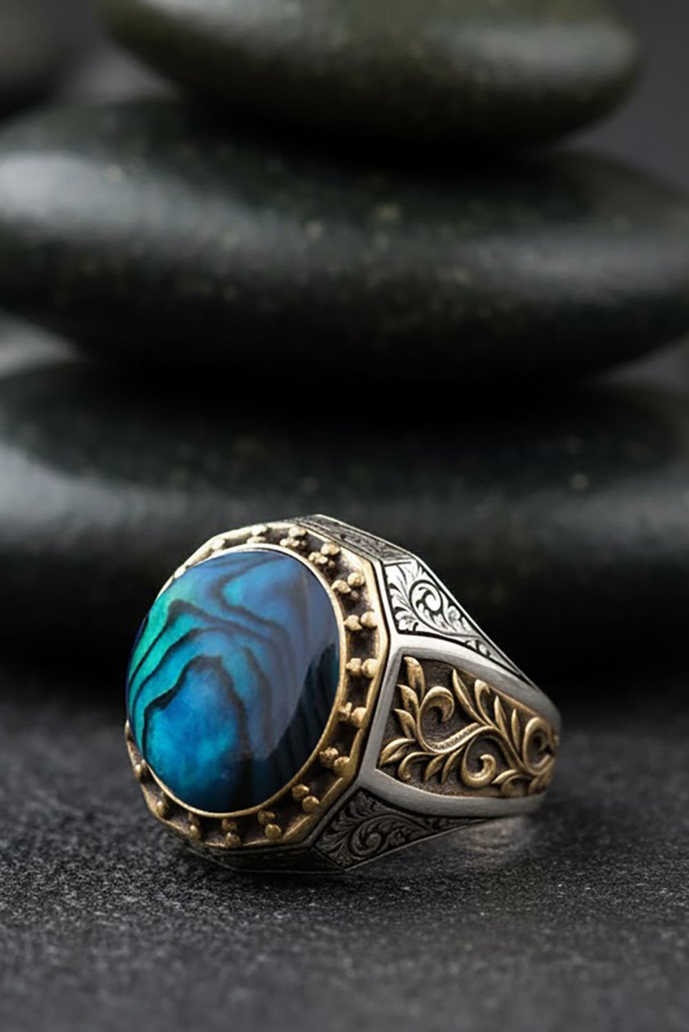 Okyanus Sedefi Taşlı Gravür Sarmaşık Model Yüzük
