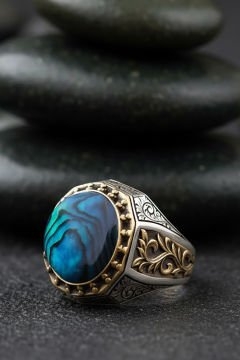 Okyanus Sedefi Taşlı Gravür Sarmaşık Model Yüzük