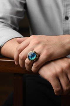 Okyanus Sedefi Taşlı Gravür Sarmaşık Model Yüzük