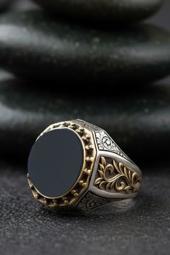 Oniks Taşlı Gravür Sarmaşık Model Gümüş Yüzük