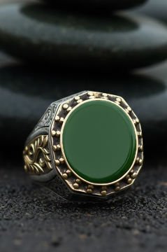 Yeşil Akik Taşlı Gravür Sarmaşık Gümüş Yüzük