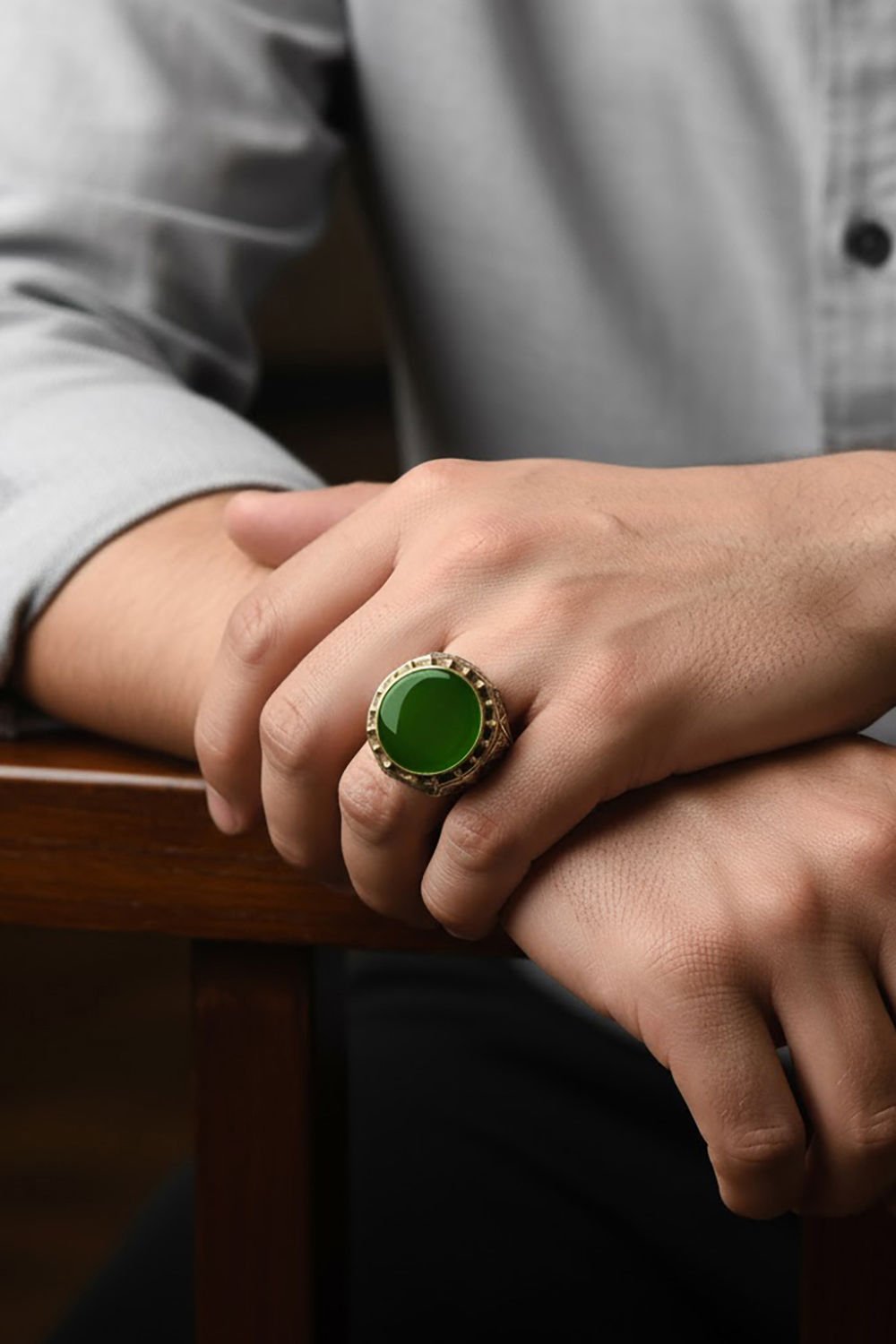 Yeşil Akik Taşlı Gravür Sarmaşık Gümüş Yüzük