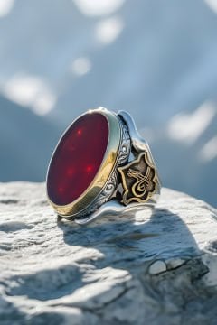 Akik Taşlı Tuğra Desenli Zambak Model Gümüş Yüzük