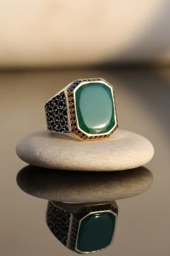 Sarmaşık Model Yeşil Akik Taşlı Gümüş Erkek Yüzük