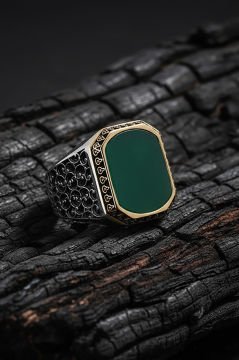 Sarmaşık Model Yeşil Akik Taşlı Gümüş Erkek Yüzük