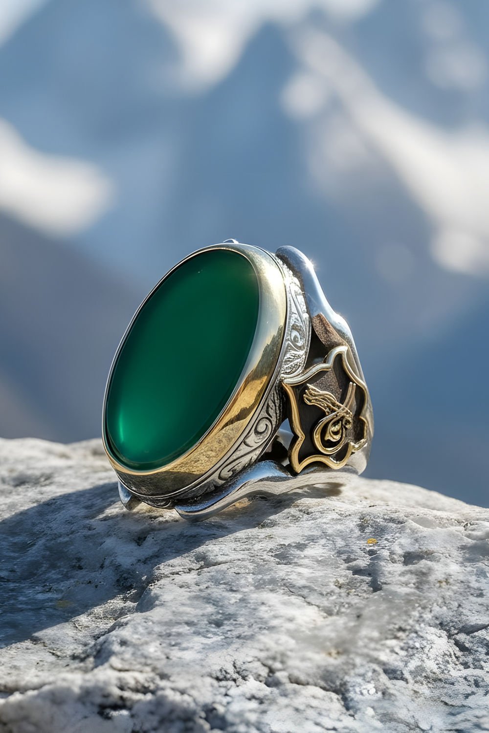 Yeşil Akik Taşlı Tuğralı Zambak Model Gümüş Yüzük