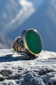 Yeşil Akik Taşlı Tuğralı Zambak Model Gümüş Yüzük