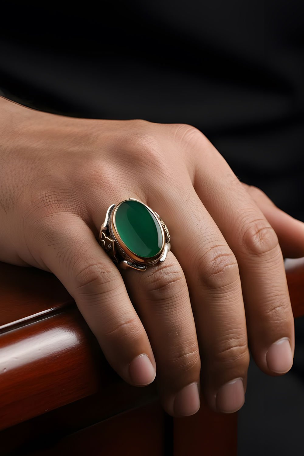 Yeşil Akik Taşlı Tuğralı Zambak Model Gümüş Yüzük