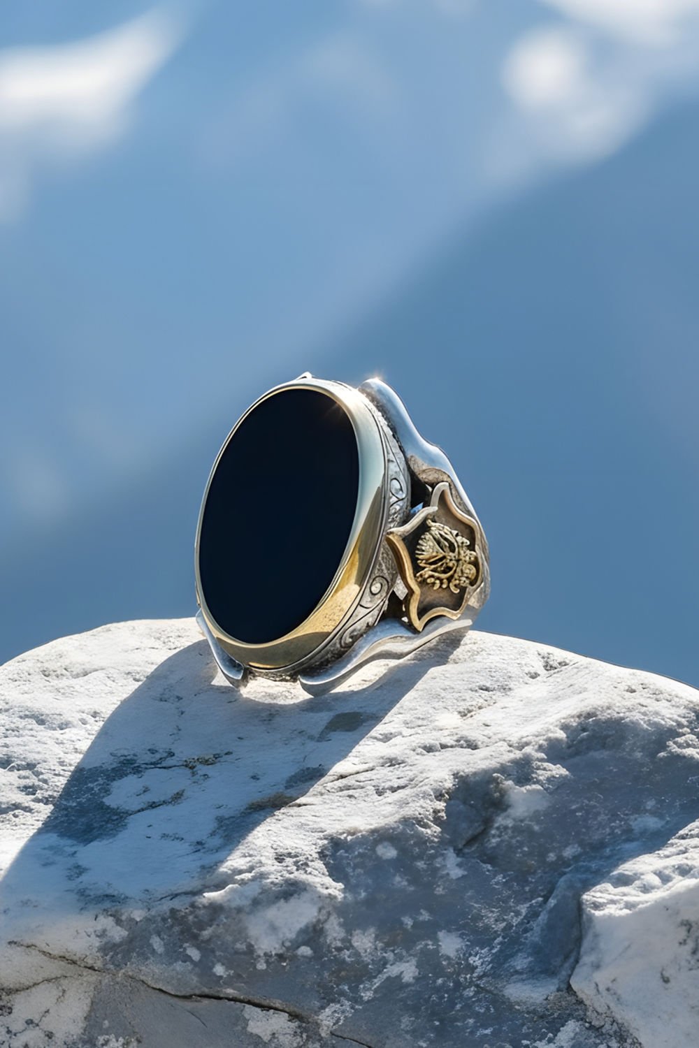 Oniks Taşlı Devlet Arması Zambak Model Yüzük