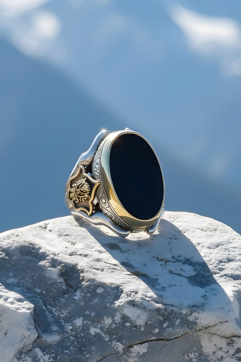 Oniks Taşlı Devlet Arması Zambak Model Yüzük