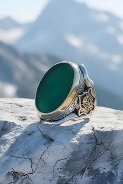 Yeşil Akik Devlet Arması Zambak Model Gümüş Yüzük