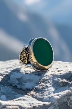 Yeşil Akik Devlet Arması Zambak Model Gümüş Yüzük