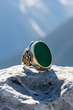 Yeşil Akik Devlet Arması Zambak Model Gümüş Yüzük