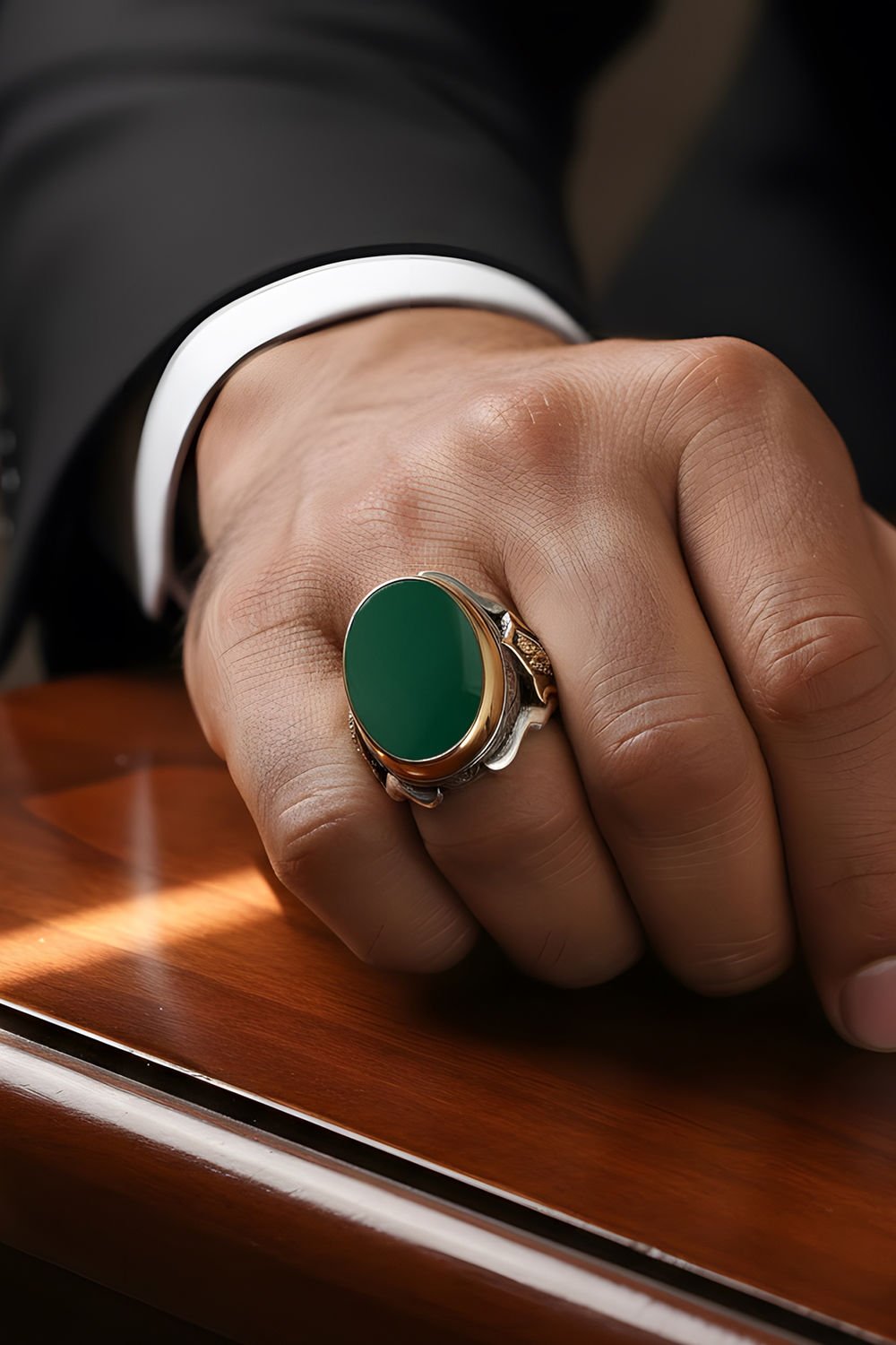 Yeşil Akik Devlet Arması Zambak Model Gümüş Yüzük