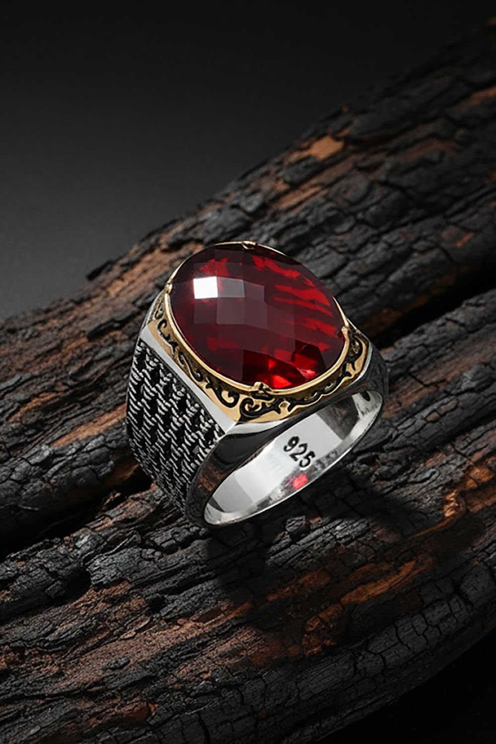 Kırmızı Zirkon Taşlı Gümüş Erkek Yüzük