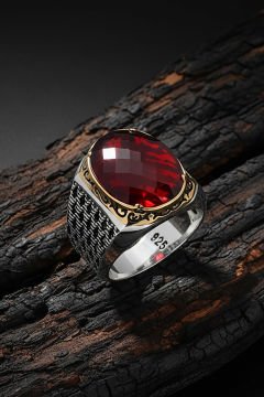 Kırmızı Zirkon Taşlı Gümüş Erkek Yüzük