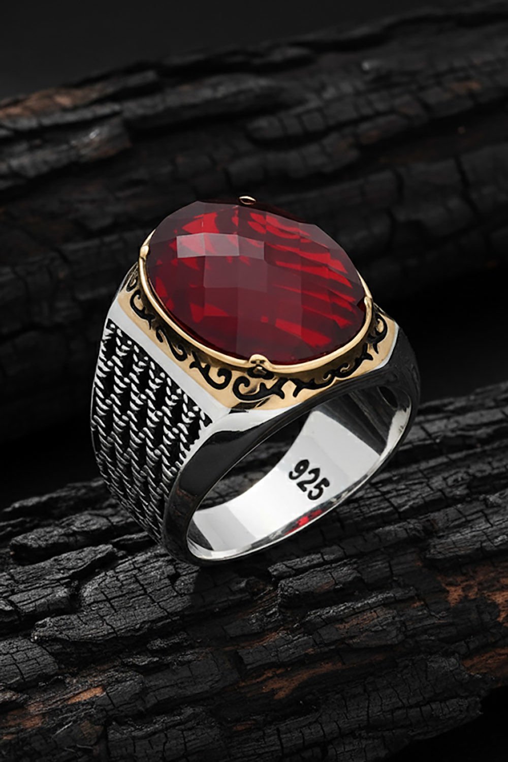 Kırmızı Zirkon Taşlı Gümüş Erkek Yüzük