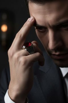 Kırmızı Zirkon Taşlı Gümüş Erkek Yüzük