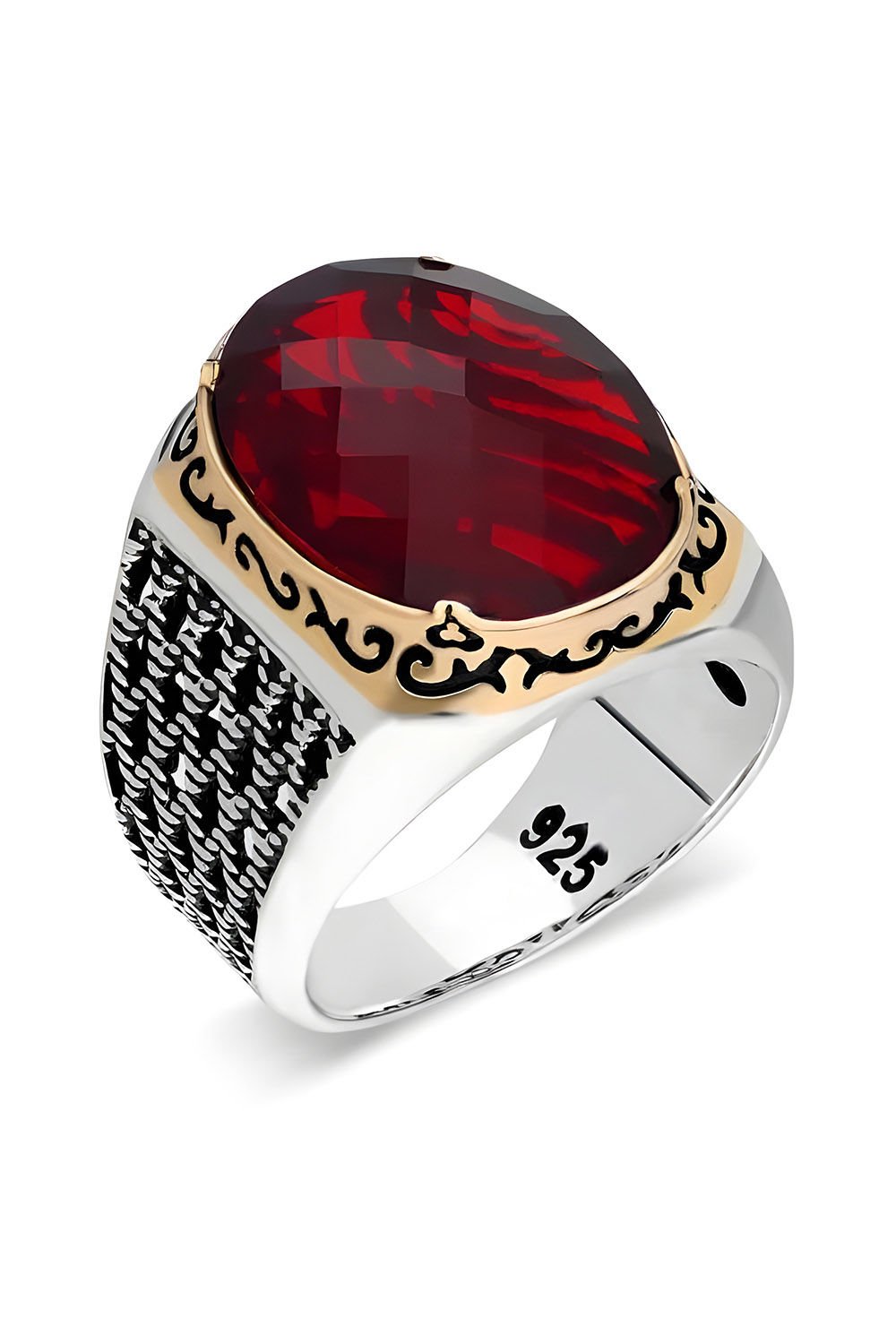 Kırmızı Zirkon Taşlı Gümüş Erkek Yüzük