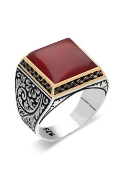 Kare Model Kalem İşlemeli Akik Taşlı Yüzük