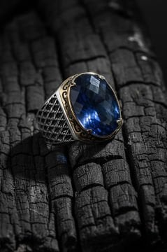 Mavi Zirkon Taşlı Gümüş Erkek Yüzük