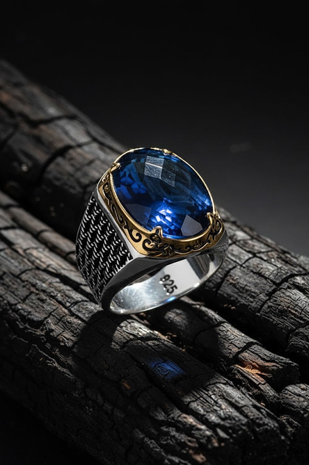 Mavi Zirkon Taşlı Gümüş Erkek Yüzük