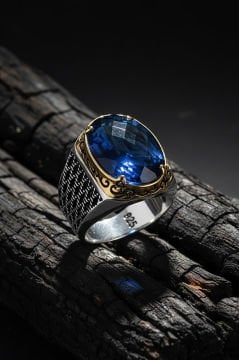 Mavi Zirkon Taşlı Gümüş Erkek Yüzük