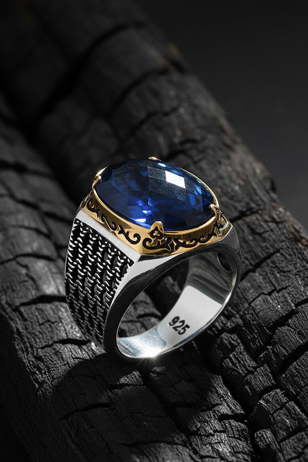 Mavi Zirkon Taşlı Gümüş Erkek Yüzük