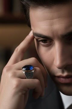 Mavi Zirkon Taşlı Gümüş Erkek Yüzük