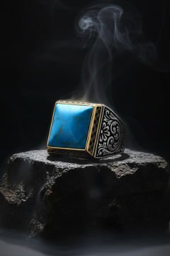 Kare Model Kalem İşlemeli Firüze Taşlı Yüzük