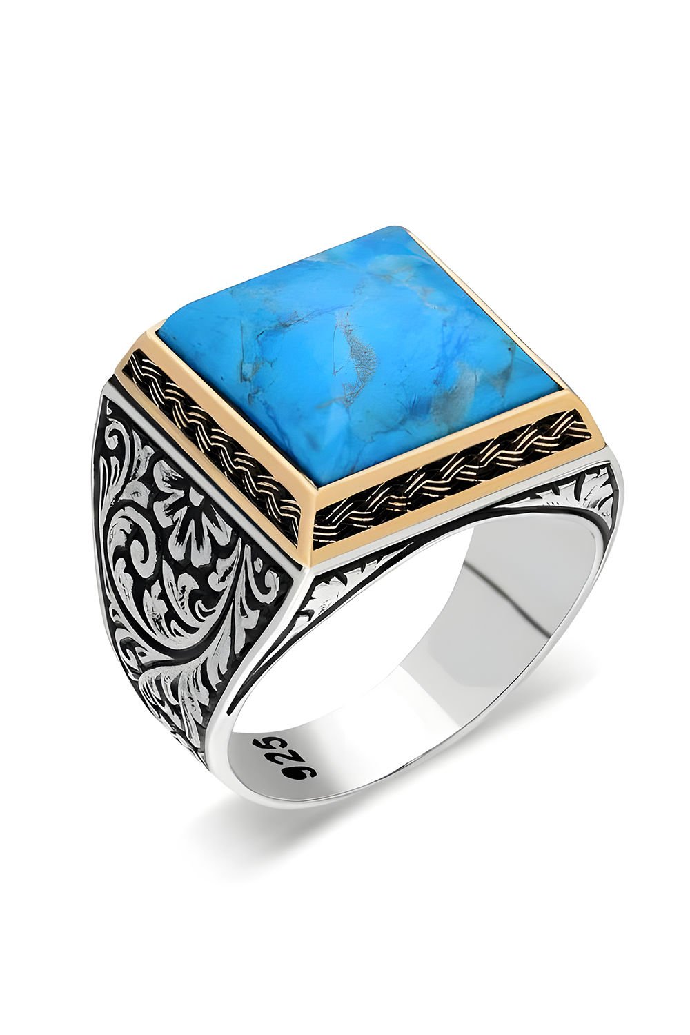 Kare Model Kalem İşlemeli Firüze Taşlı Yüzük