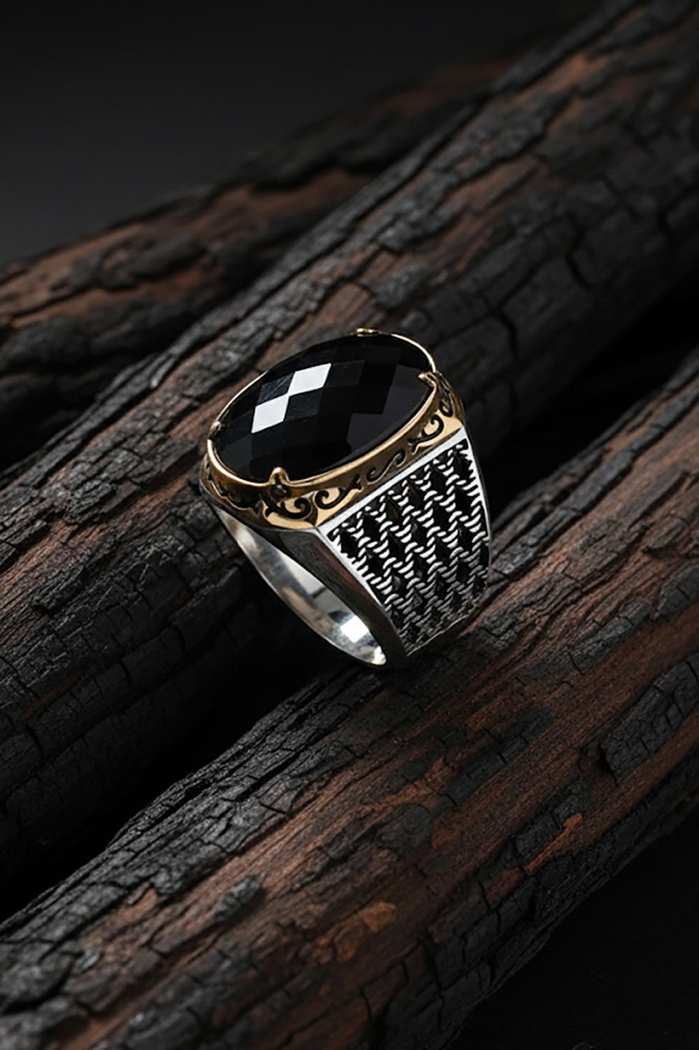 Siyah Zirkon Taşlı Gümüş Erkek Yüzük