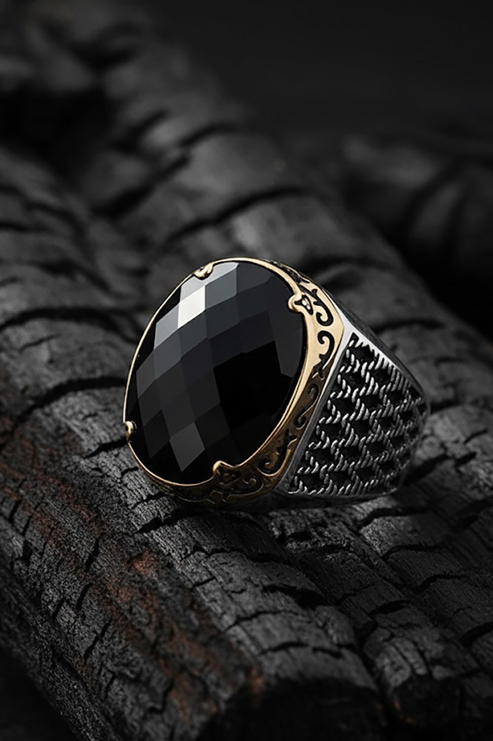 Siyah Zirkon Taşlı Gümüş Erkek Yüzük