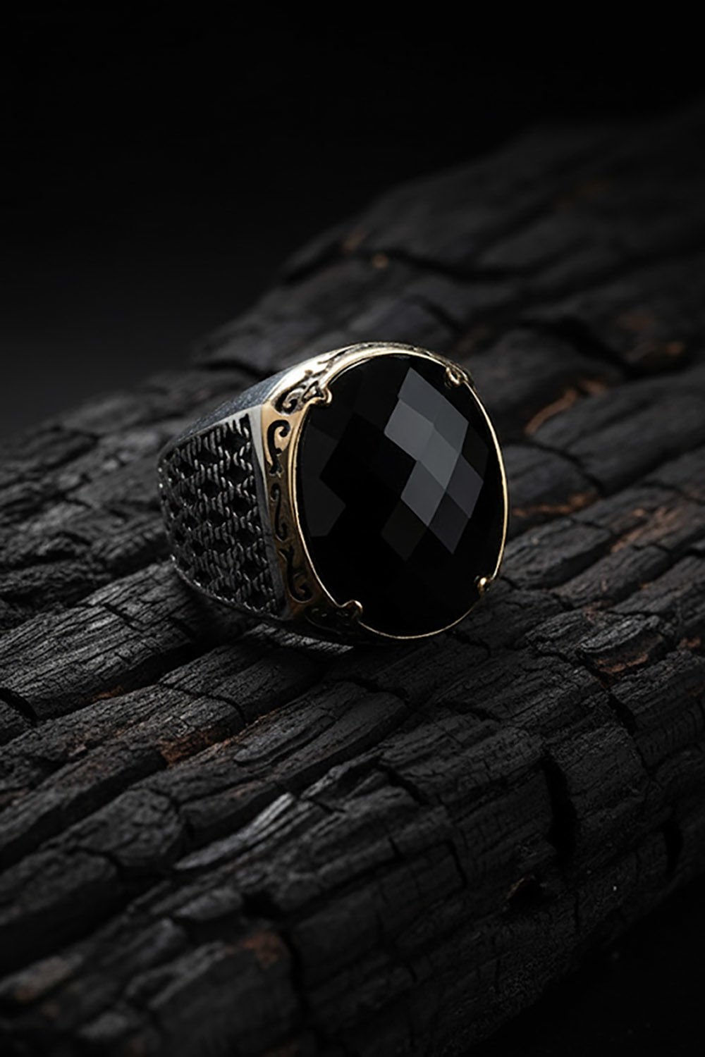 Siyah Zirkon Taşlı Gümüş Erkek Yüzük