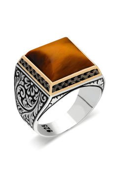 Kare Model Kalem İşlemeli Kaplangözü Taşlı Yüzük