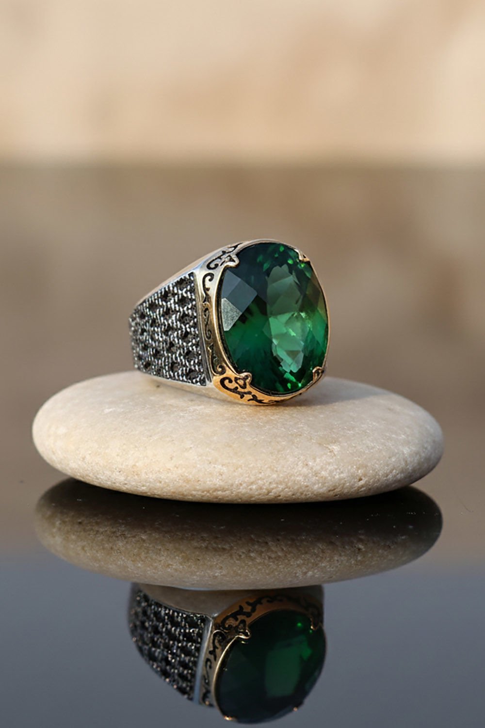 Yeşil Zirkon Taşlı Gümüş Erkek Yüzük