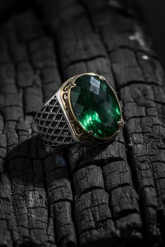 Yeşil Zirkon Taşlı Gümüş Erkek Yüzük