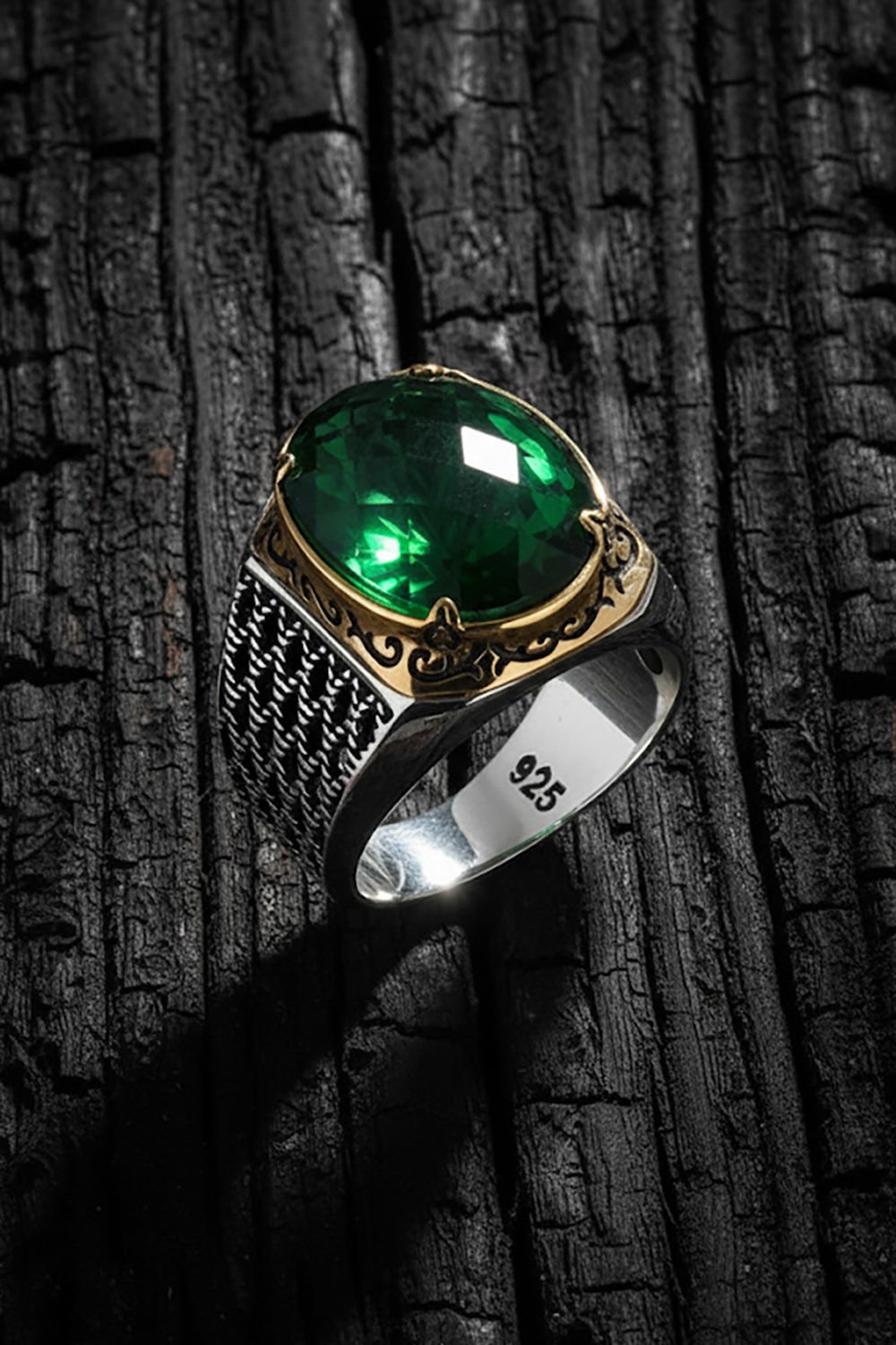 Yeşil Zirkon Taşlı Gümüş Erkek Yüzük