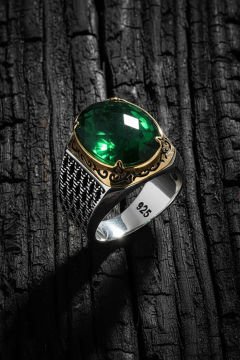 Yeşil Zirkon Taşlı Gümüş Erkek Yüzük