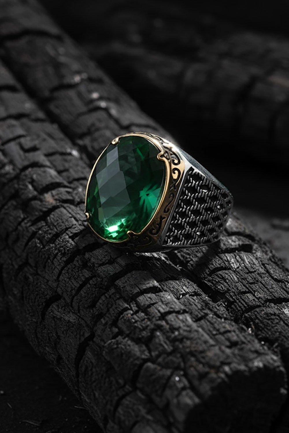 Yeşil Zirkon Taşlı Gümüş Erkek Yüzük