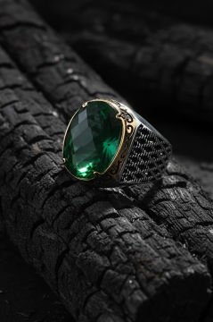 Yeşil Zirkon Taşlı Gümüş Erkek Yüzük